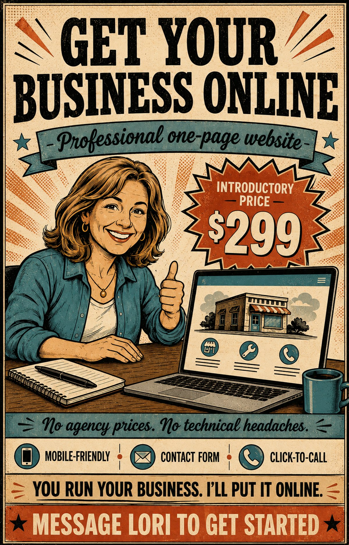 Vintage comic-book advertisement showing Lori smiling beside a laptop and a $299 introductory price badge.